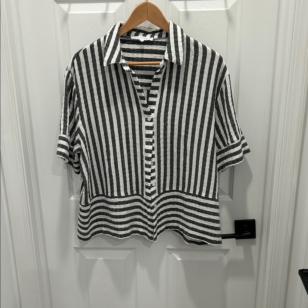 Jane and Delancey Black and White Striped Button Down Shirt